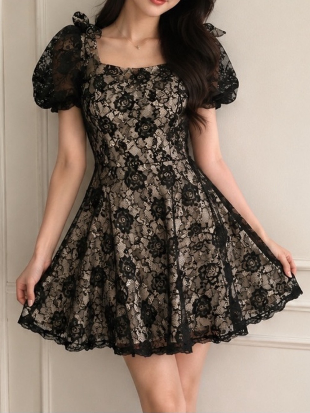 Black Lace Mini Dress with Puff Sleeves